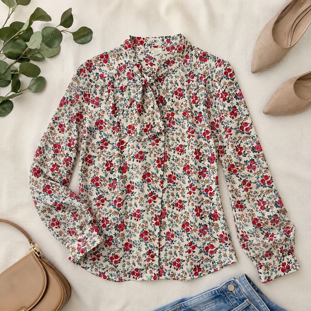 Nikki Vintage Floral Tie Neck Blouse Red Blue Secretary Top Made in USA 15/16